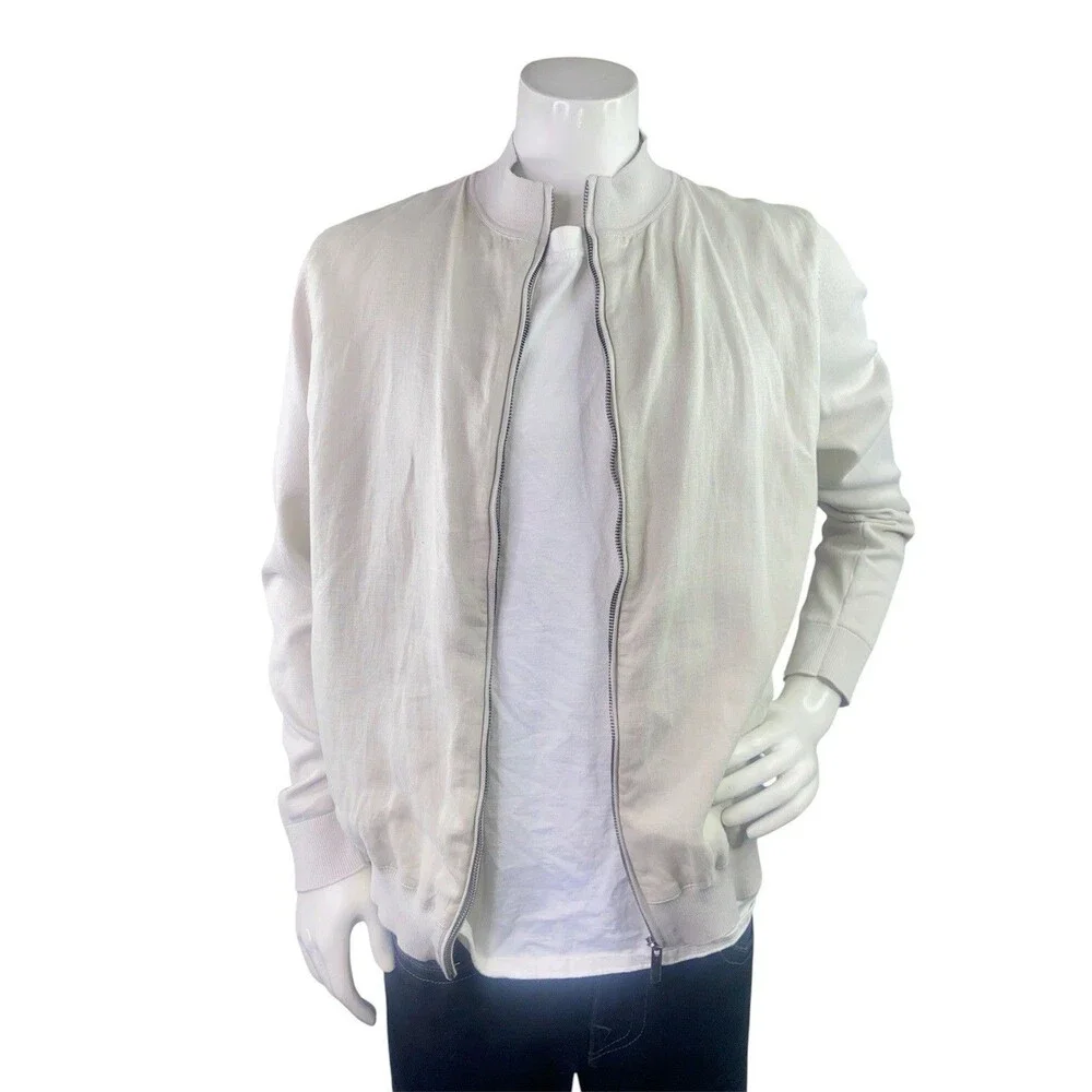 Adolfo Dominguez Men's XL Beige Full-Zip Knit Linen Hybrid Bomber Jacket Sweater